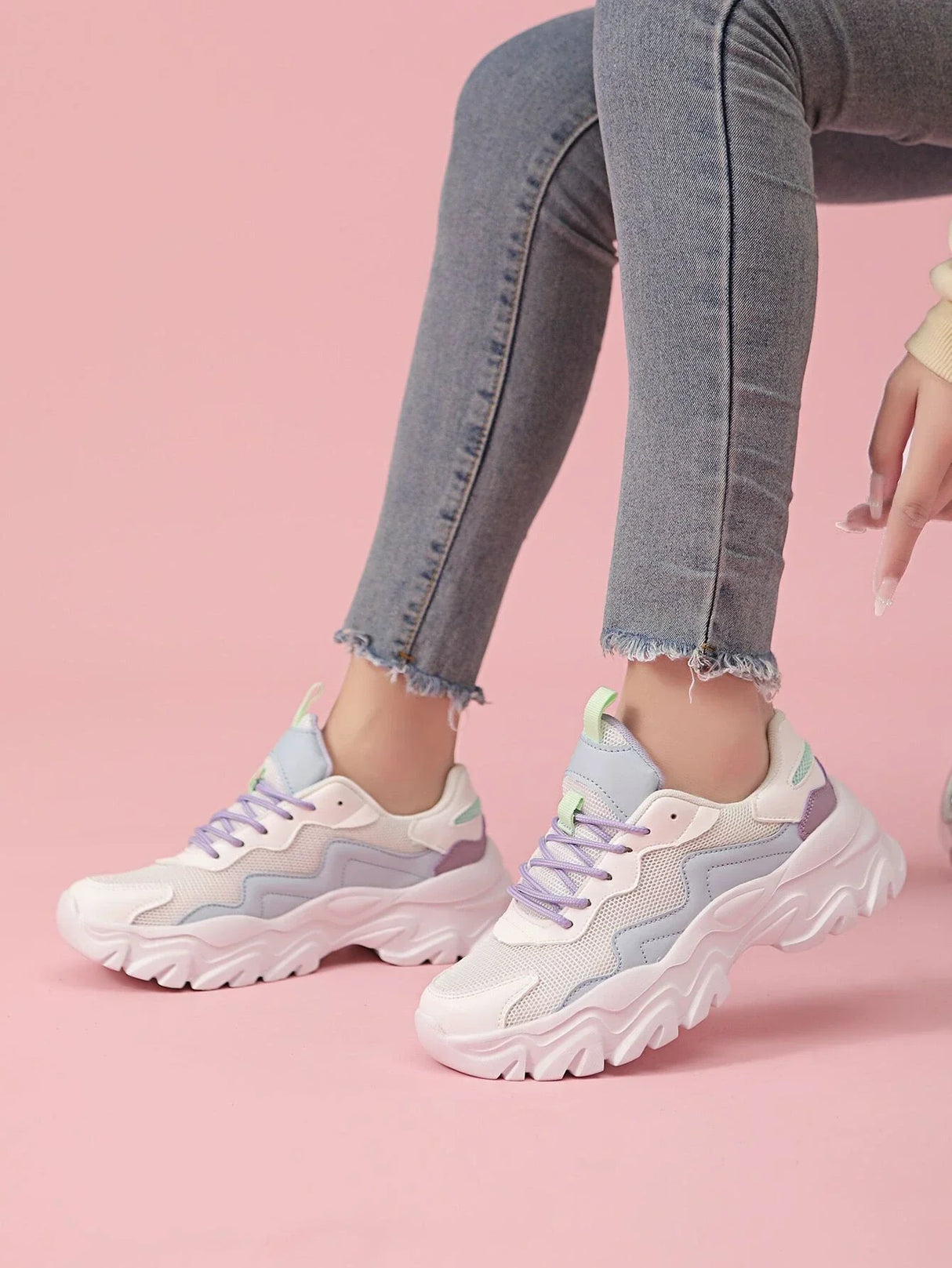 Buy SHEIN Color Block Lace-up Front Chunky Sneakers in Pakistan