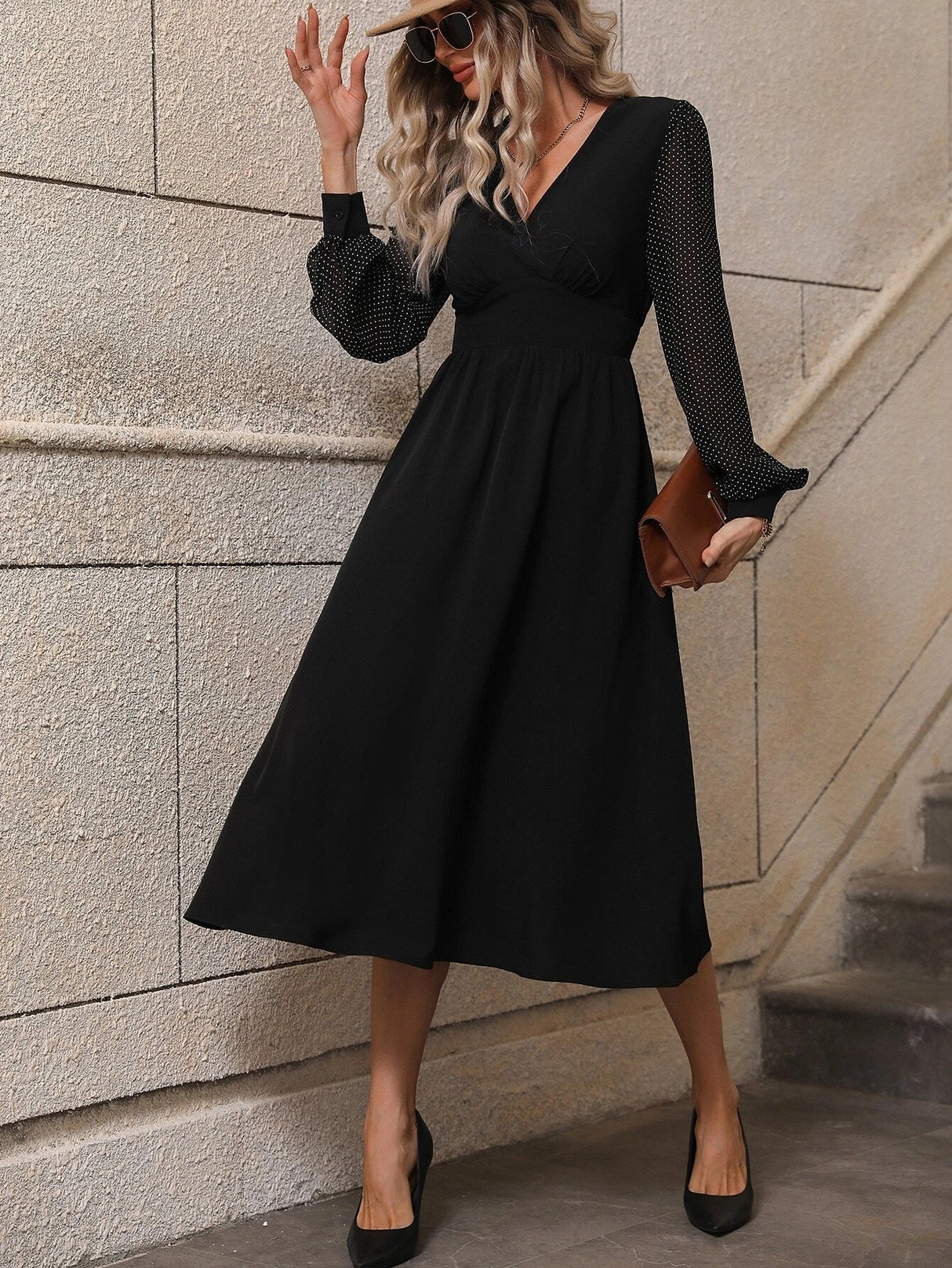 Buy SHEIN Polka Dot Bishop Sleeve A-line Dress in Pakistan