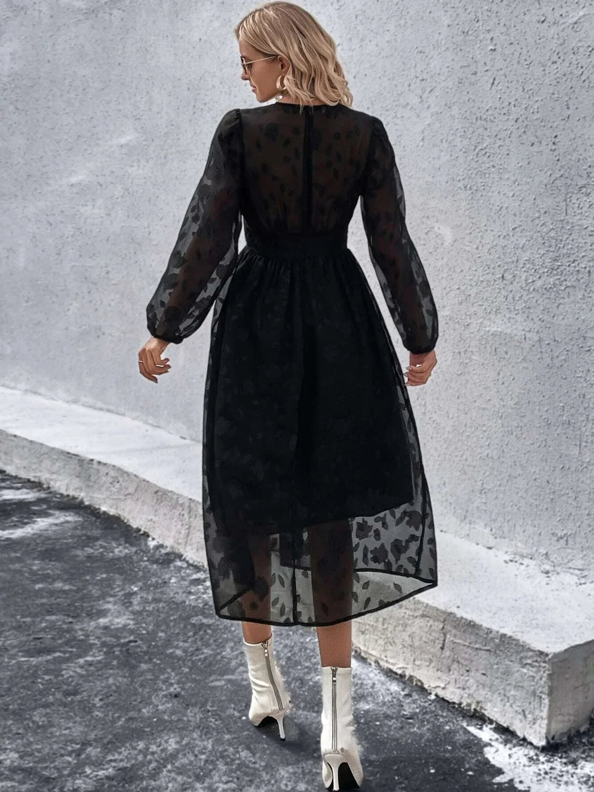 Buy Shein Jacquard Lantern Sleeve Button Front Dress in Pakistan