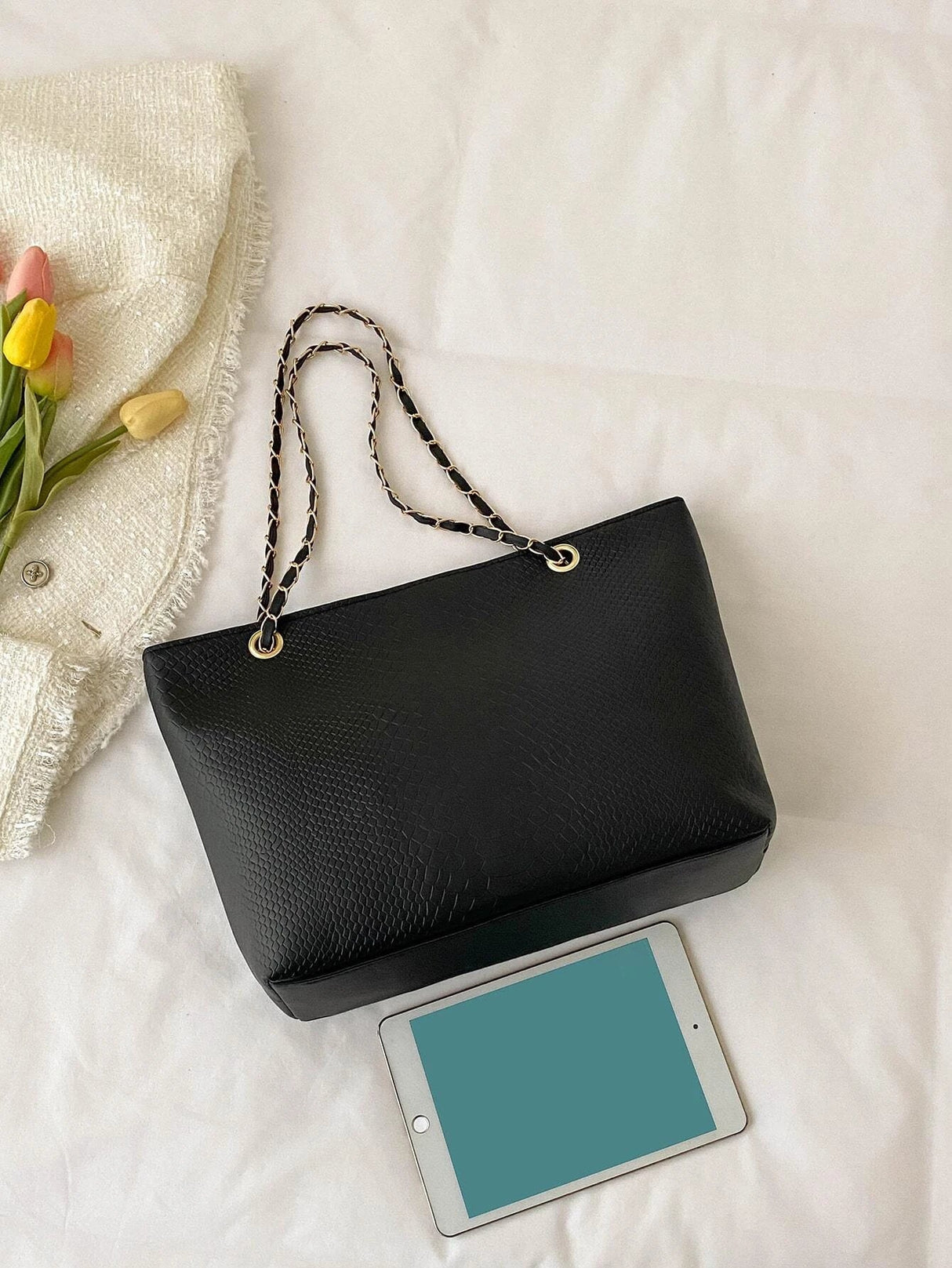 Buy SHEIN Geometric Embossed Grommet Eyelet Shoulder Tote Bag in Pakistan