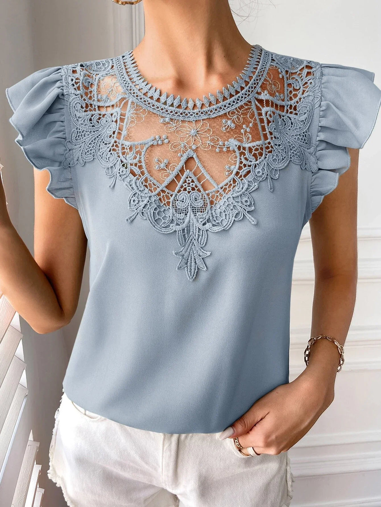 Buy SHEIN EMERY ROSE Contrast Guipure Lace Ruffle Sleeve Blouse in Pakistan