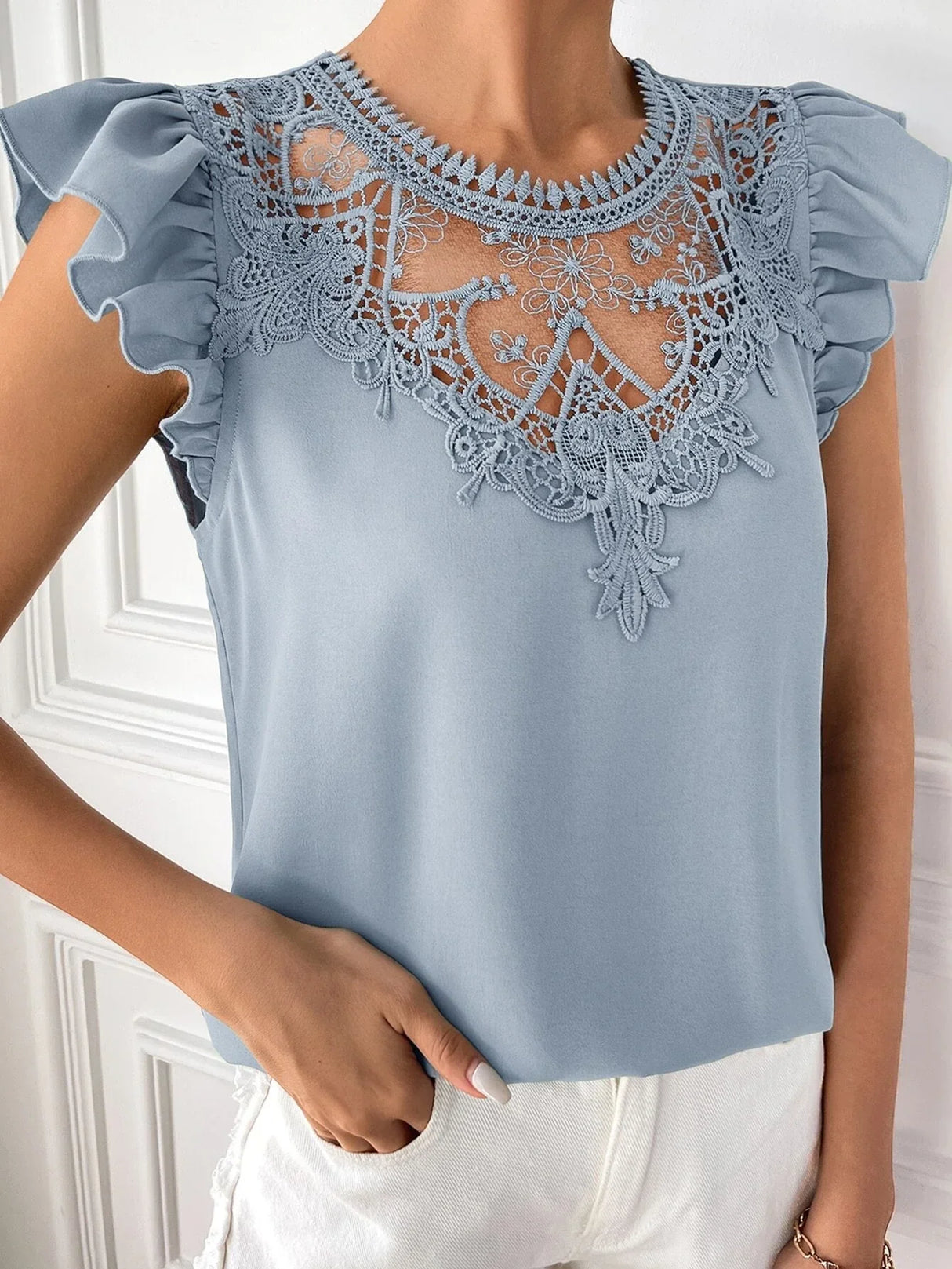 Buy SHEIN EMERY ROSE Contrast Guipure Lace Ruffle Sleeve Blouse in Pakistan