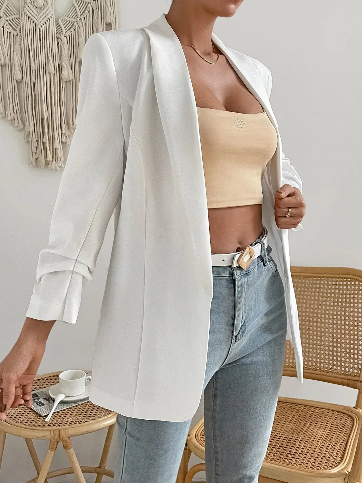 Buy SHEIN Shawl Collar Ruched Detail Open Front Blazer in Pakistan