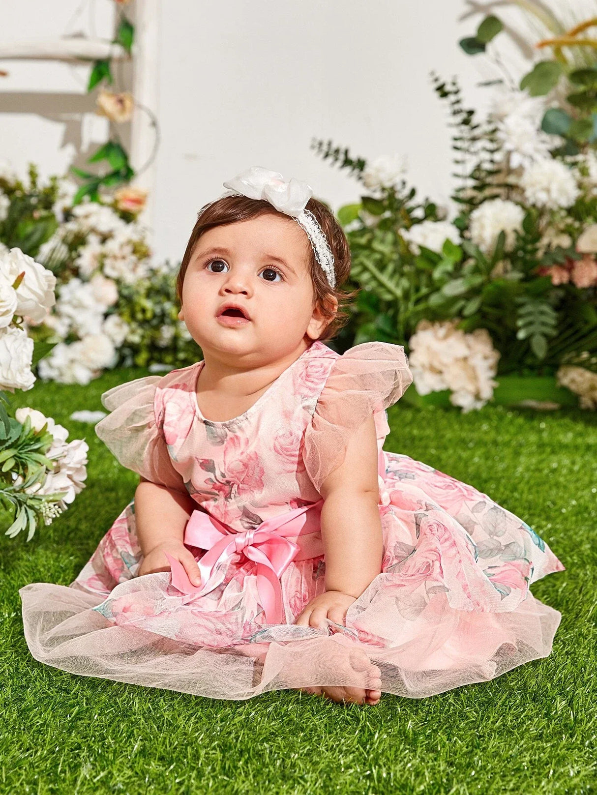 Buy SHEIN Baby Floral Print Mesh Hem Dress in Pakistan
