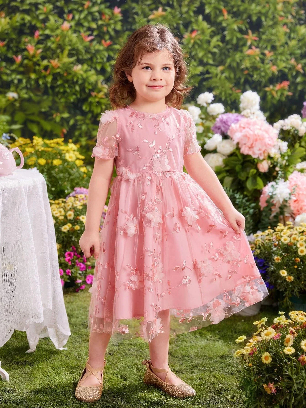 Buy SHEIN Toddler Girls Appliques Embroidery Mesh Overlay Butterfly Sleeve Dress in Pakistan
