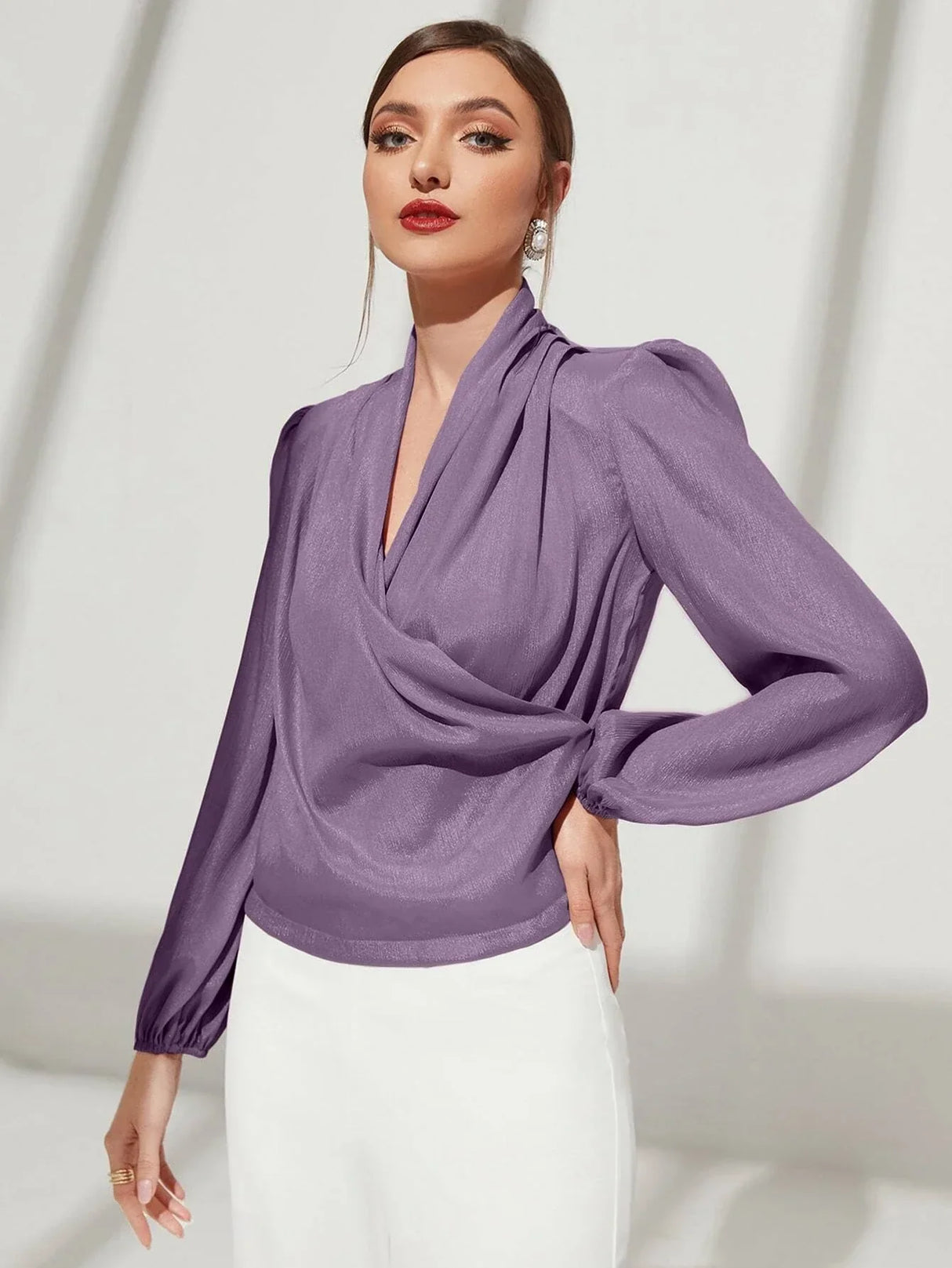 Buy SHEIN Modely Solid Surplice Front Lantern Sleeve Blouse in Pakistan
