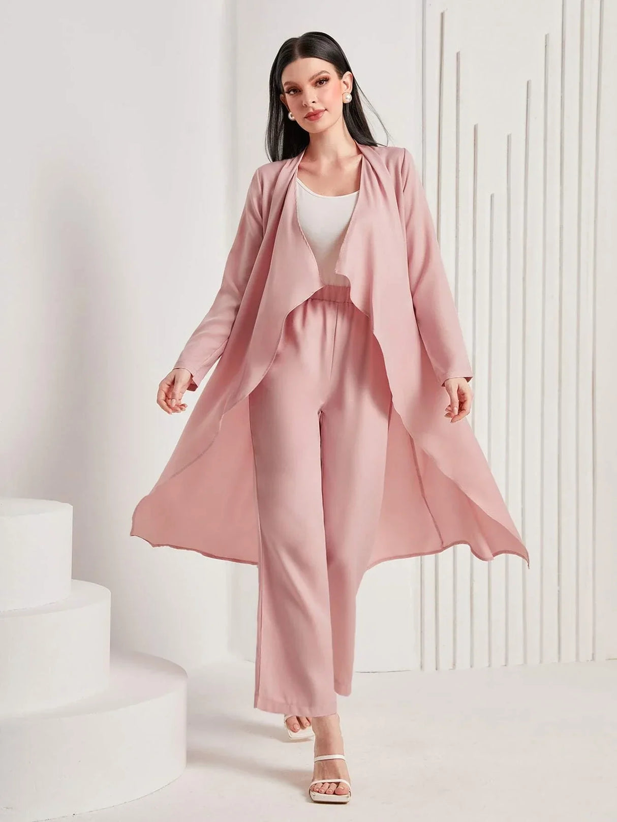Buy SHEIN Mulvari Waterfall Collar Open Front Coat & Pants in Pakistan