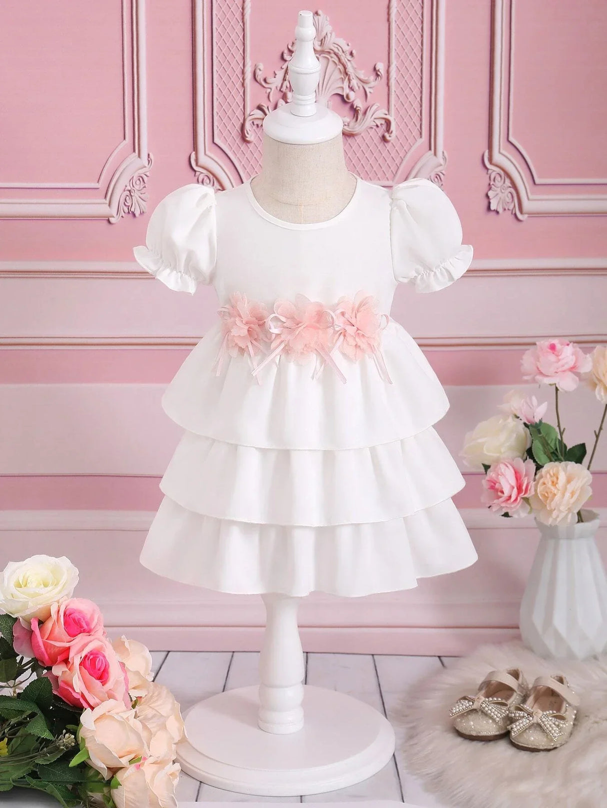Buy SHEIN Baby Appliques Puff Sleeve Layer Hem Dress in Pakistan