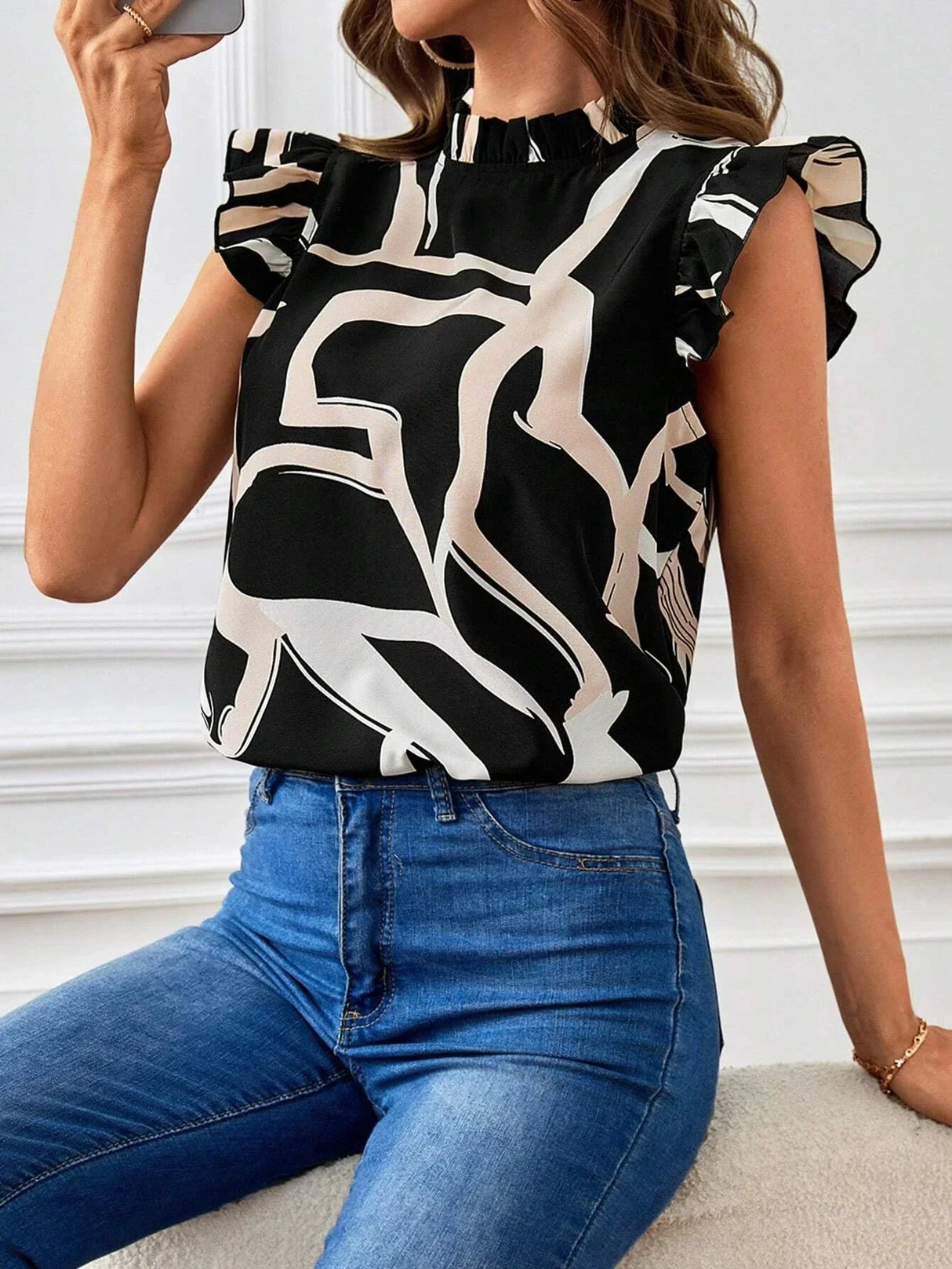 Buy SHEIN Allover Print Ruffle Trim Mock Neck Blouse in Pakistan