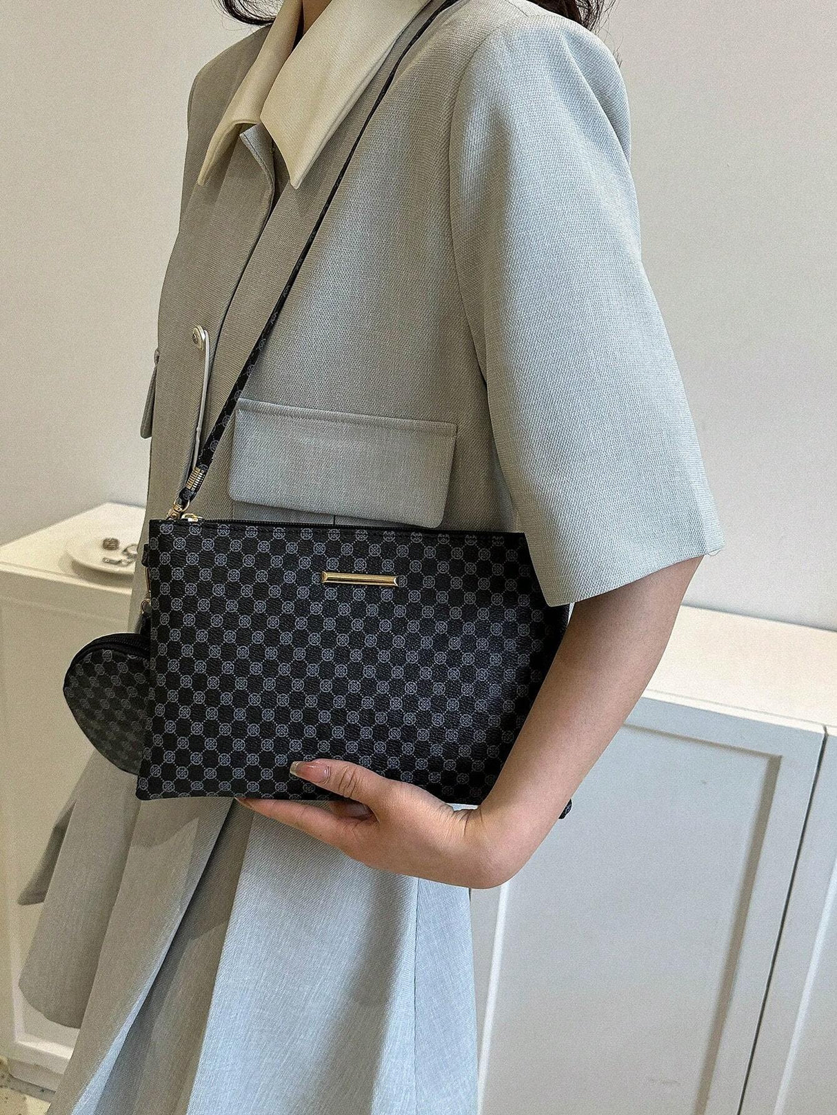 Buy SHEIN Geometric Pattern Square Bag With Coin Purse Metal Decor Zipper PU in Pakistan