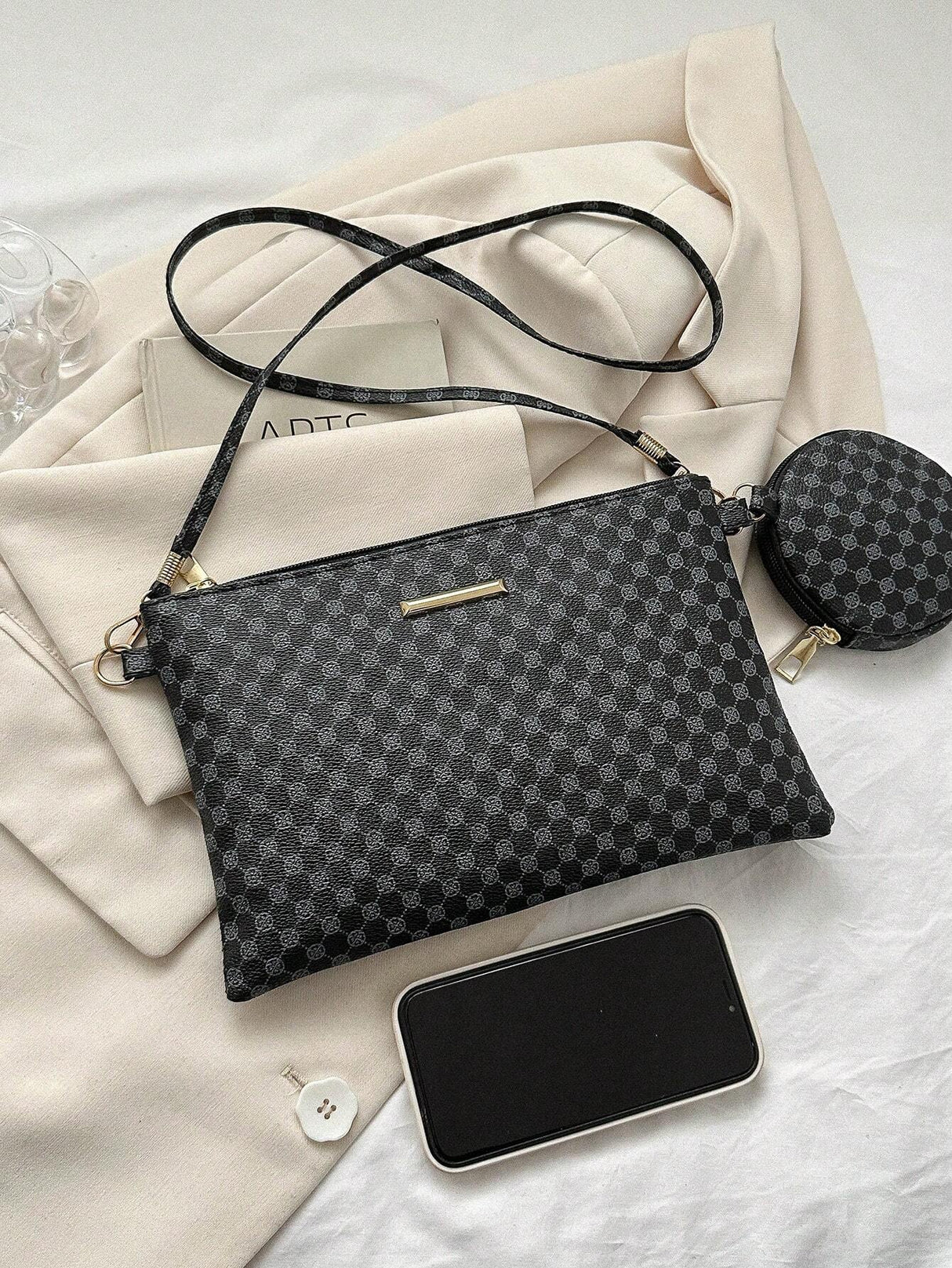 Buy SHEIN Geometric Pattern Square Bag With Coin Purse Metal Decor Zipper PU in Pakistan
