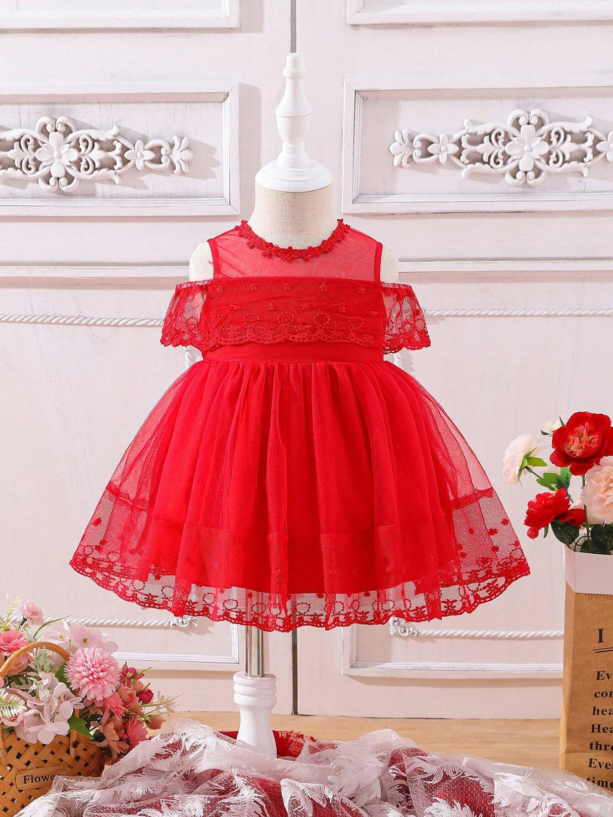 Buy SHEIN Baby Cold Shoulder Mesh Overlay Party Dress in Pakistan