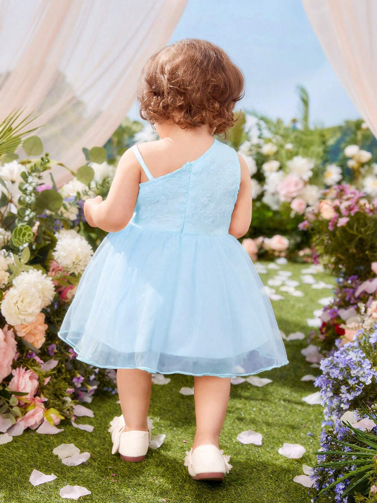 Buy SHEIN Baby Bow Front Asymmetric Neck Mesh Overlay Party Dress in Pakistan
