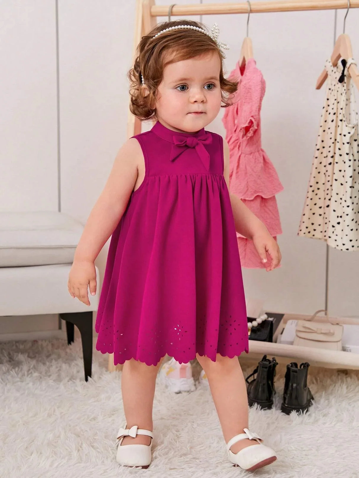 Buy SHEIN Baby Bow Front Laser Cut Out Scallop Trim Dress in Pakistan