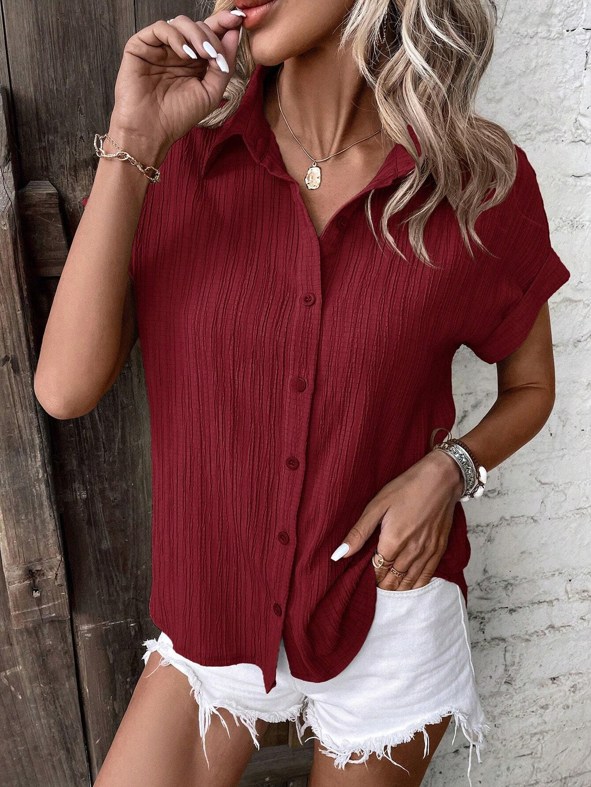 Buy SHEIN LUNE Batwing Sleeve Button Front Shirt in Pakistan