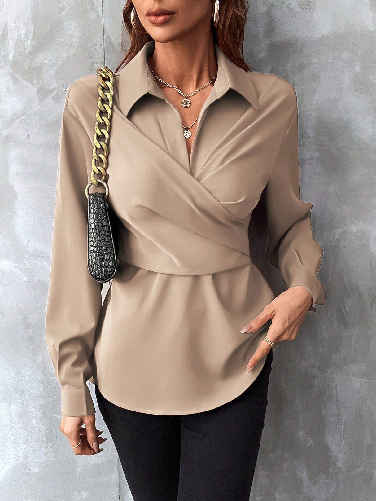Buy SHEIN Clasi Solid Wrap Cross Tie Back Blouse in Pakistan