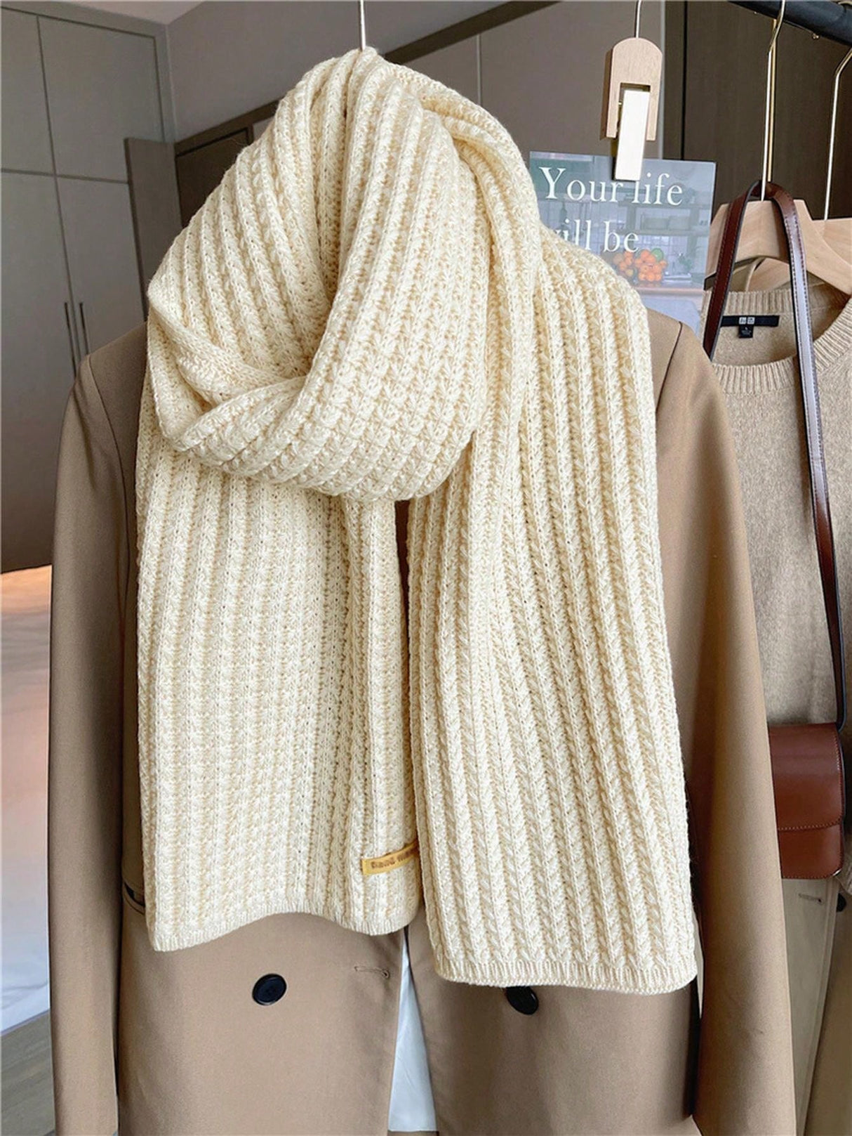 Buy SHEIN 1pc Women's Solid Color Thick Knitted Wool Scarf With Decoration, Winter Neck Warmer in Pakistan