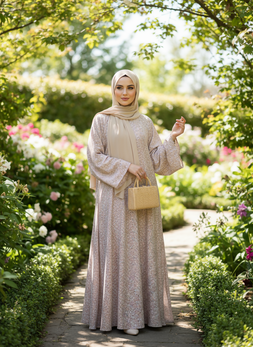 Beige Printed Maxi Abaya | Women Accessories | Medium | New