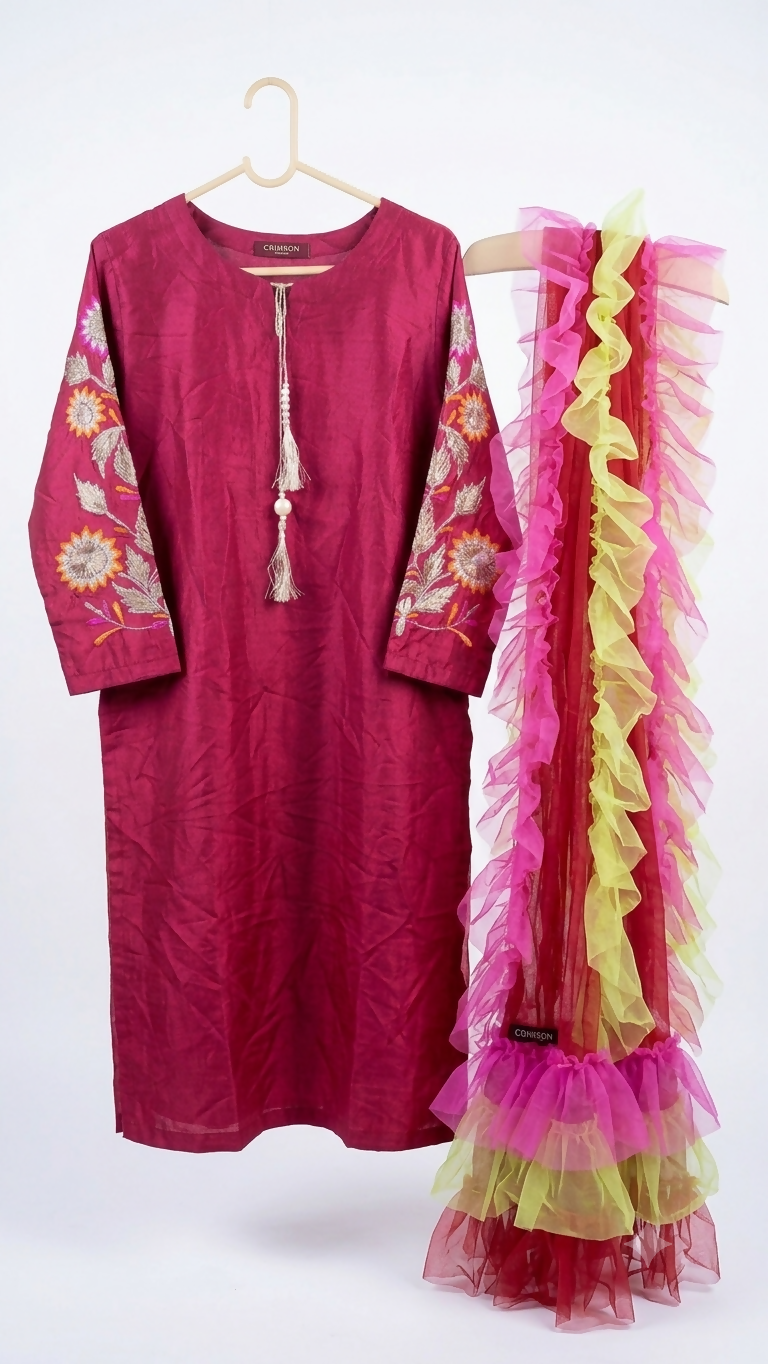 Maroon Raw Silk 3Pcs | Women Locally Made Formals | Small | Worn Once