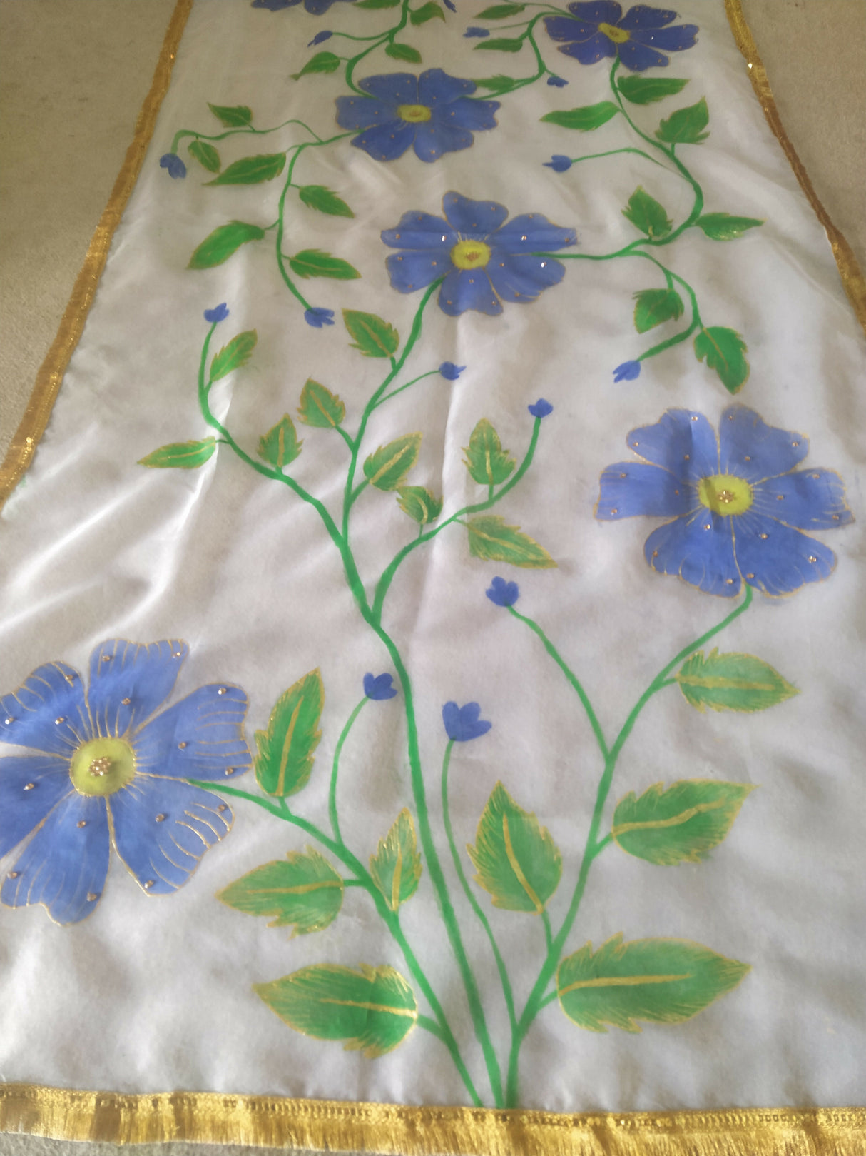 Hand Painted Organza Duppatta | Women Accessories | Duppatas & Shawls | White & Blue | Medium | New