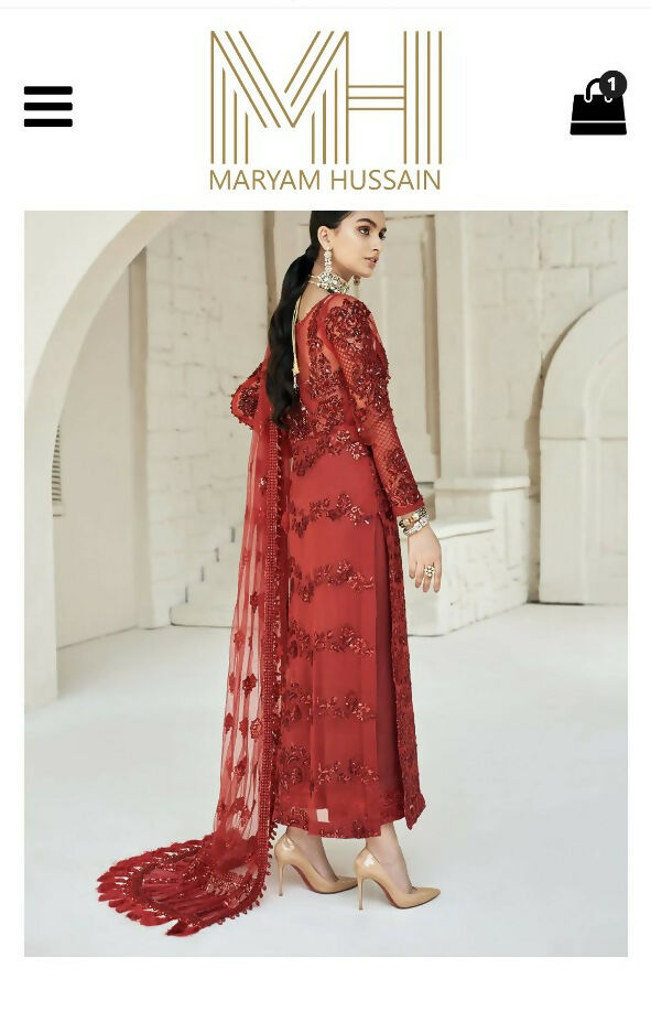 Maryam Hussain | Maroon 3Pcs Suit Luxury Wedding Collection | Women Branded Formals | Large | Worn Once