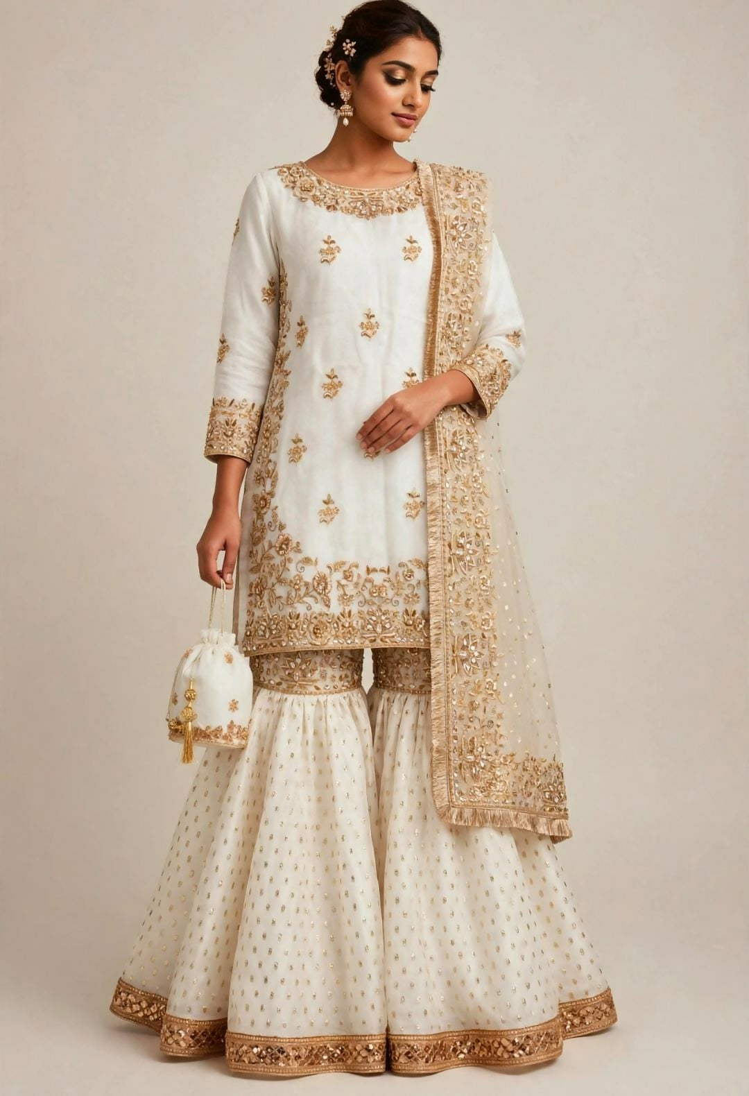 Fancy Gharara Dress | Women Locally Made Formals | Ghararas Shararas & Lehangas | Golden & Off White | Medium | Brand New