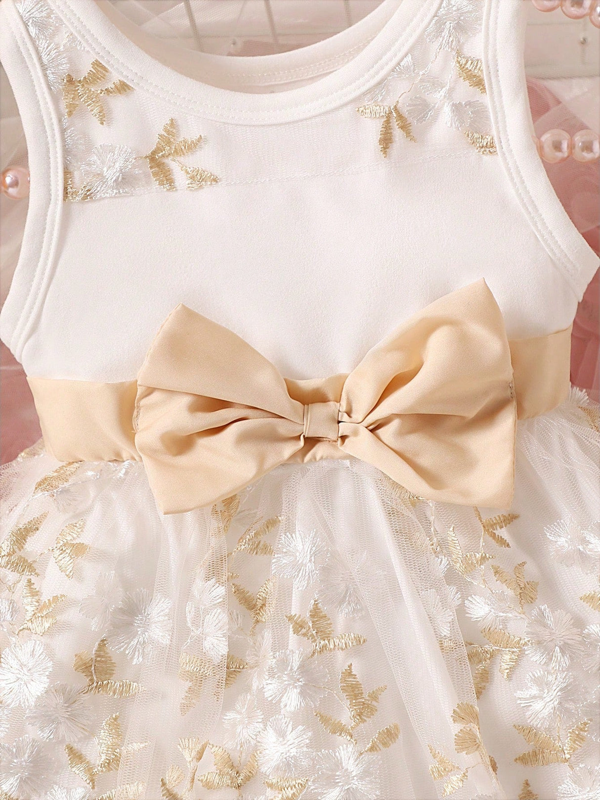 Buy SHEIN Baby Girl Floral Embroidery Bow Front Mesh Overlay Dress in Pakistan