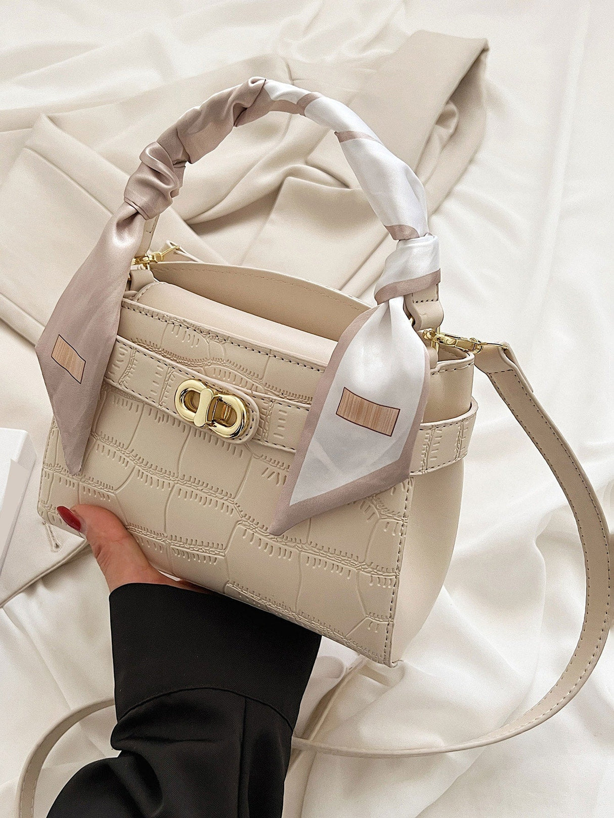 Buy SHEIN Bow Decor Elegant,,Old Money,Business Casual,Lightweight,Business Casual Mini Crocodile Embossed Twilly Scarf Decor Twist Lock Square Bag in Pakistan