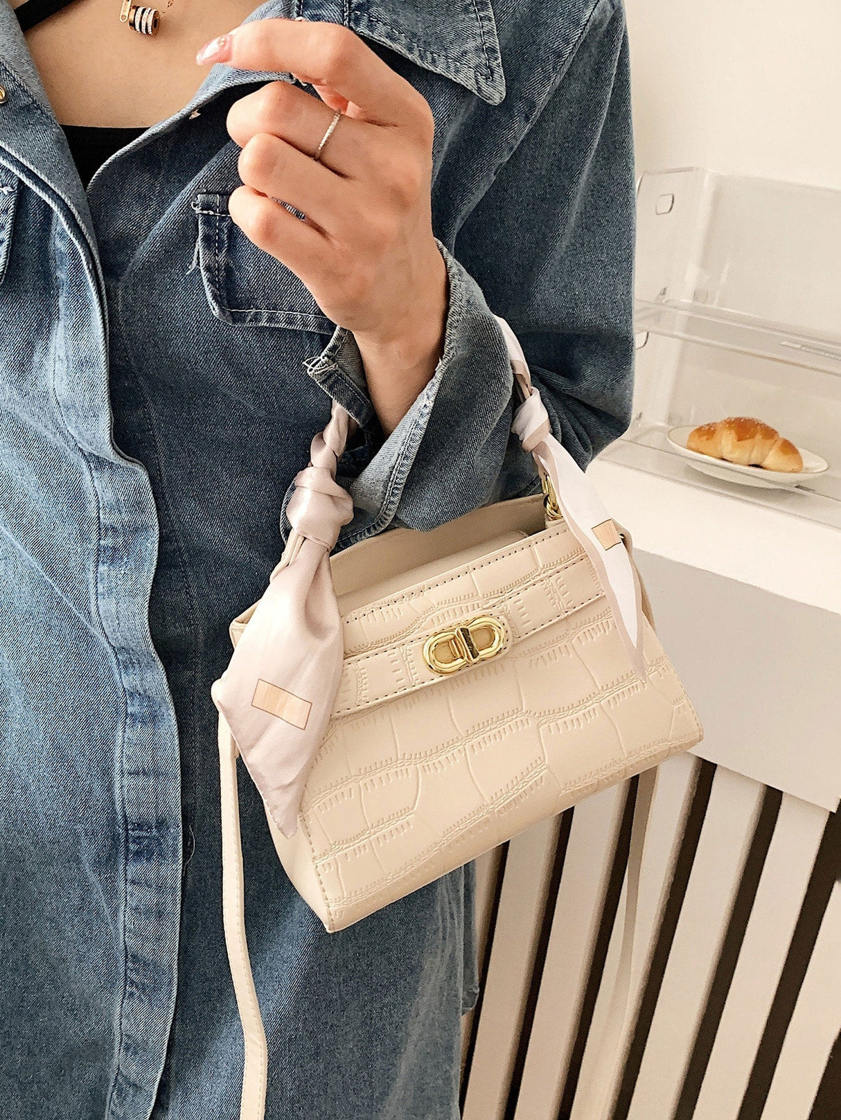 Buy SHEIN Bow Decor Elegant,,Old Money,Business Casual,Lightweight,Business Casual Mini Crocodile Embossed Twilly Scarf Decor Twist Lock Square Bag in Pakistan