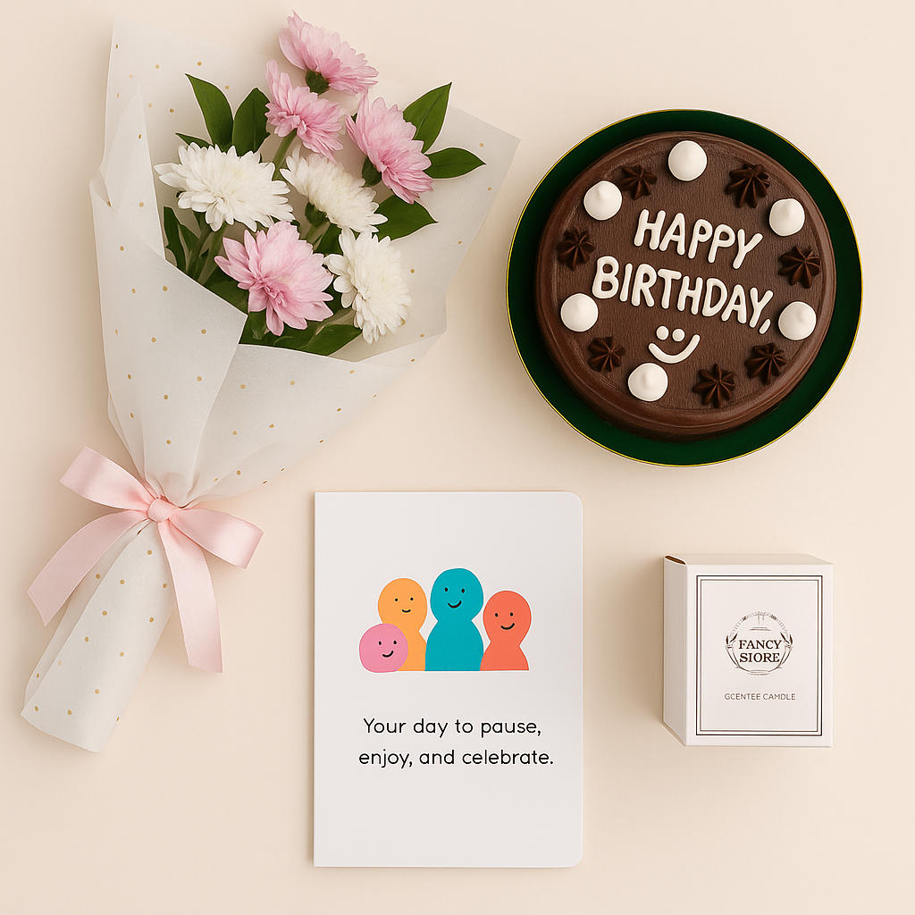 Corporate Gifts | Fresh Flower Bouqet, Chocolate cake (HobNob), Small candle | Brand New