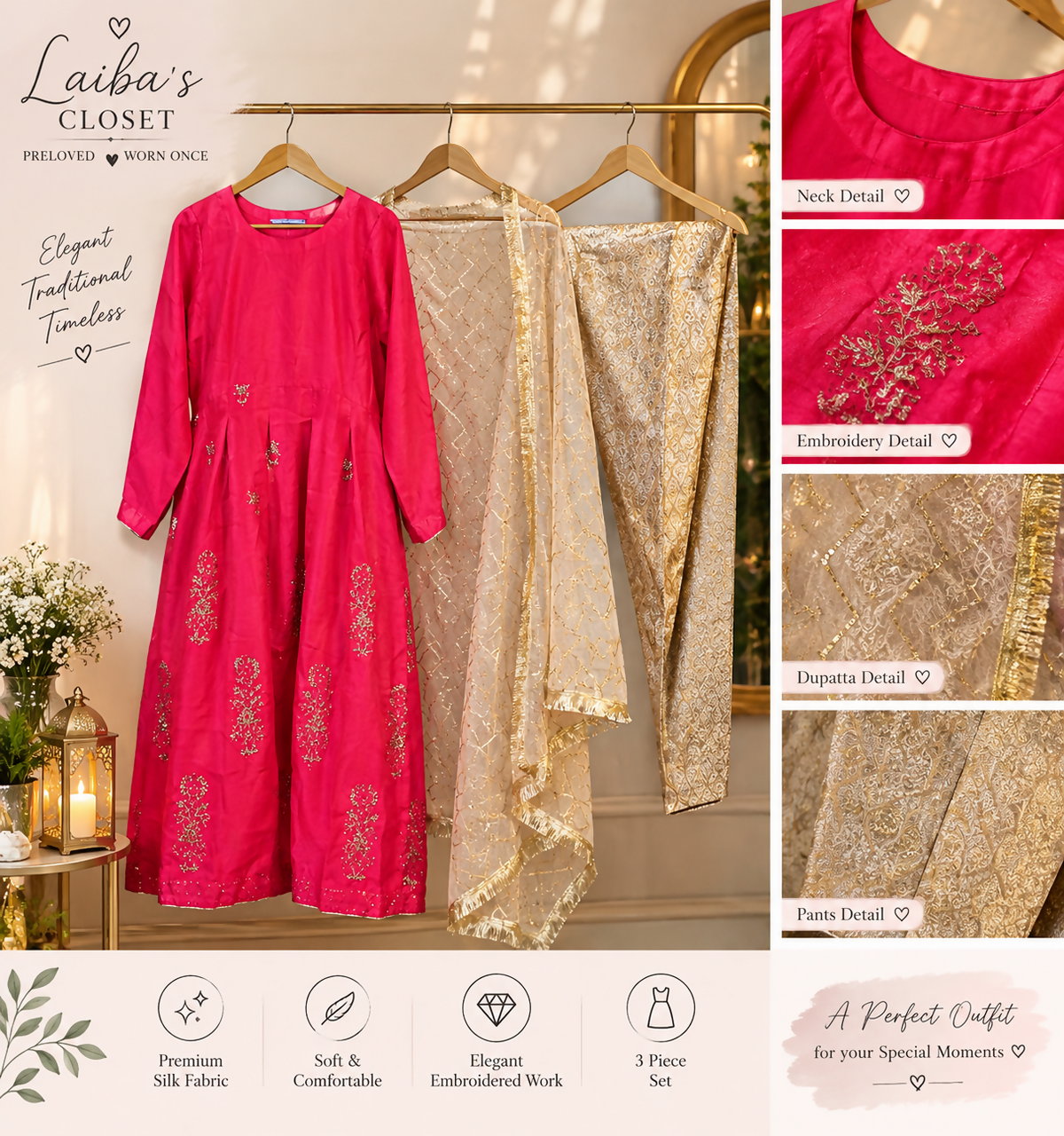 Silk 3PC Dress | Women Frocks & Maxis | Pink | Medium | Worn Once