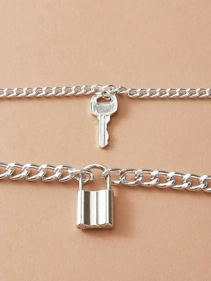 Lock-Key Double Chain Necklace | Women Jewelry | Necklaces & Pendants | Standard | Silver | Brand New