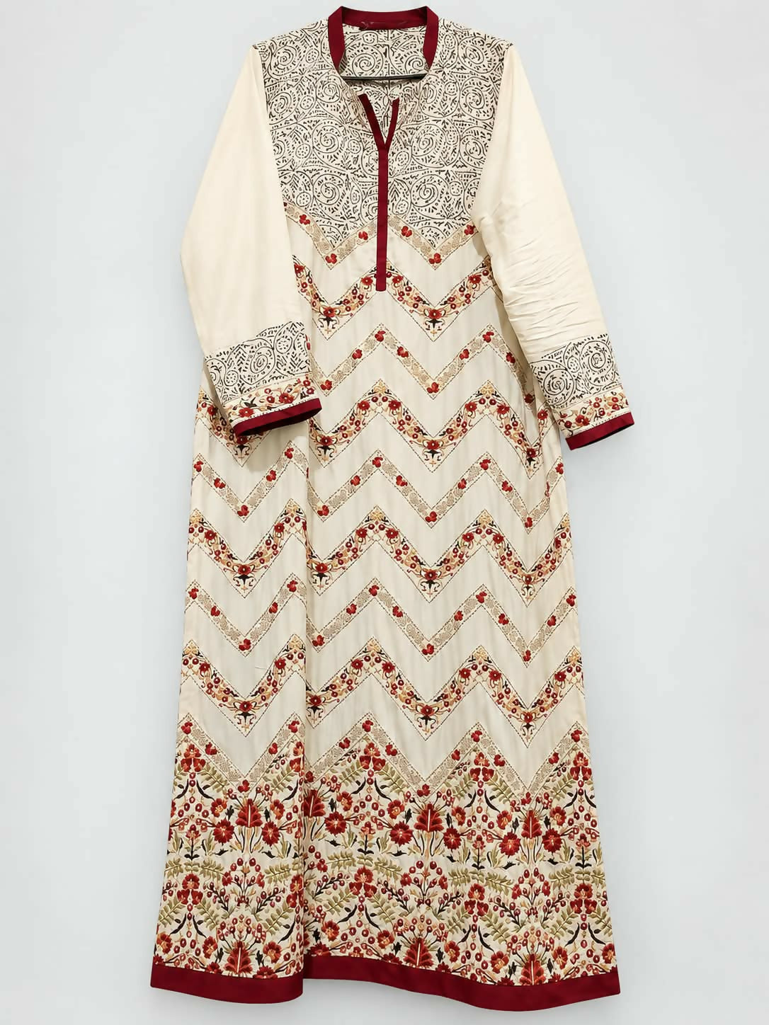 Gul Ahmed | Women Branded Formals | Beige and Maroon | Large | Preloved