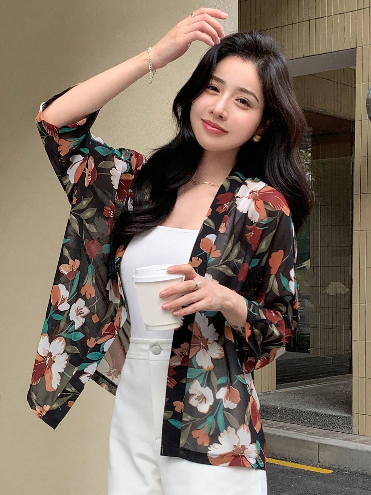 Buy SHEIN DAZY Floral Print Open Front Blouse in Pakistan