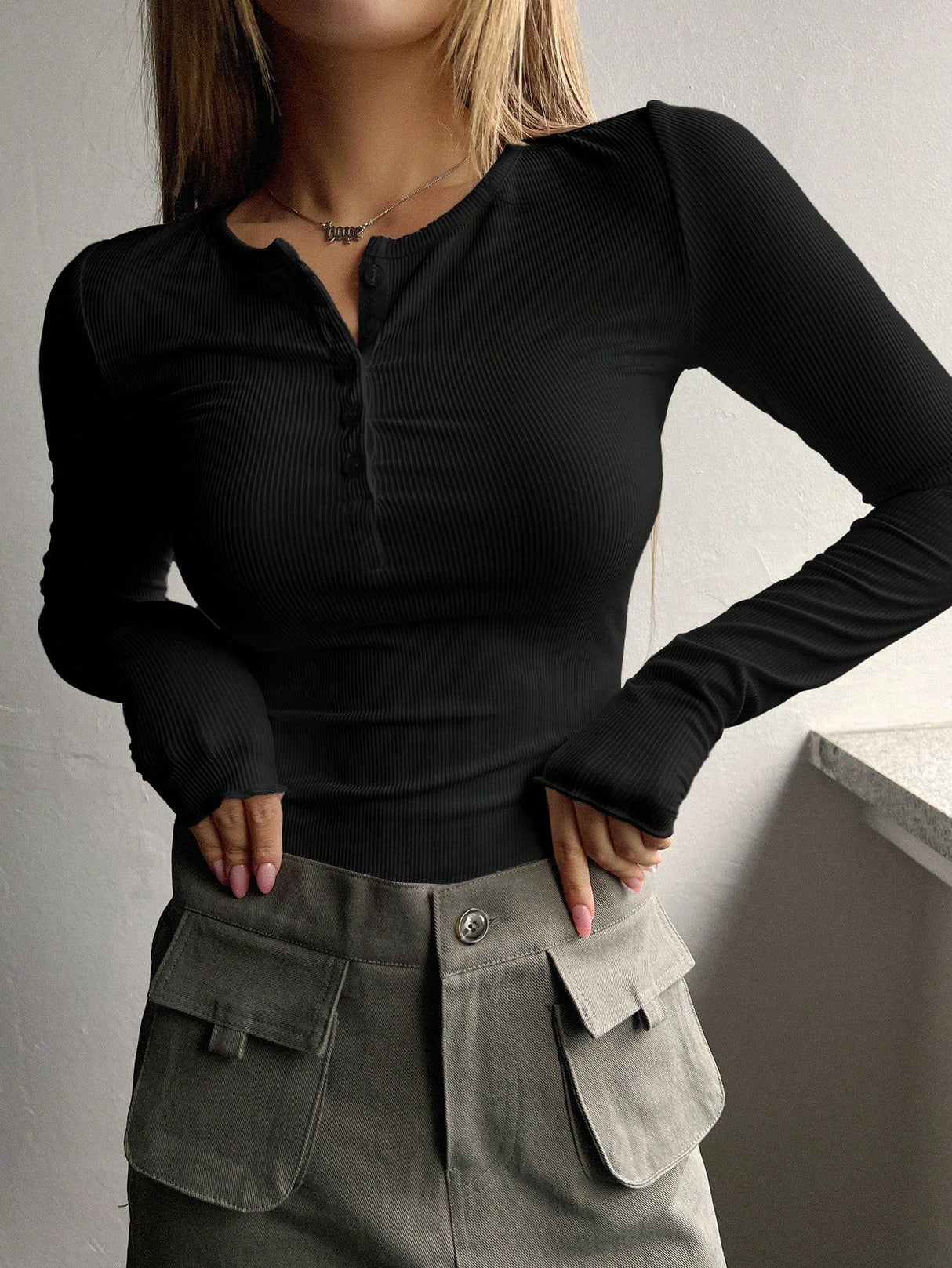 Buy SHEIN DAZY Half Button Ribbed Knit Tee in Pakistan