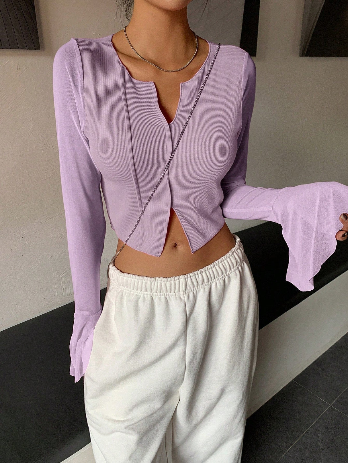 Buy SHEIN DAZY Notched Neckline Flounce Sleeve Crop Tee in Pakistan