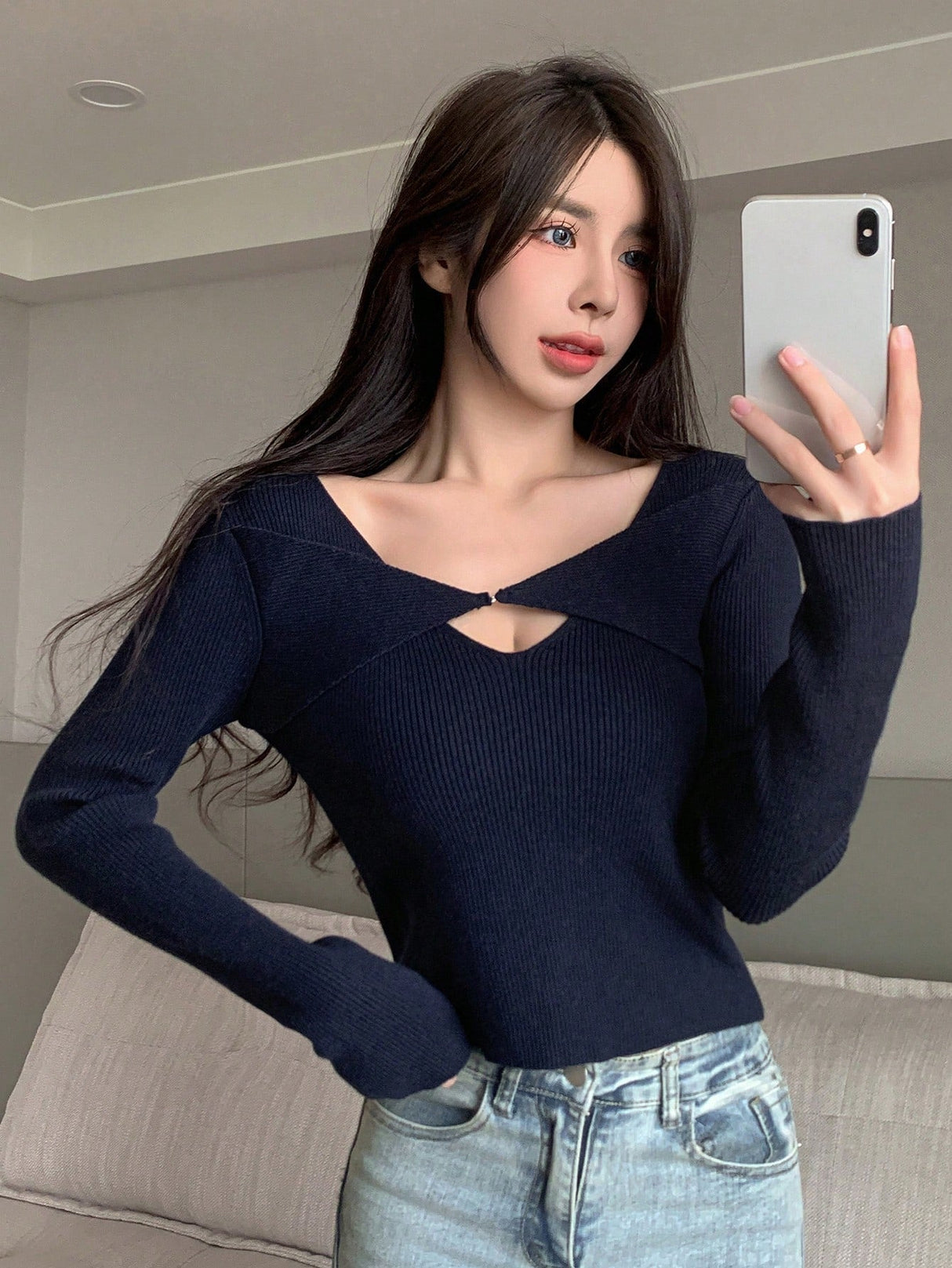 Buy SHEIN DAZY Solid Cut Front Ribbed Knit Sweater in Pakistan