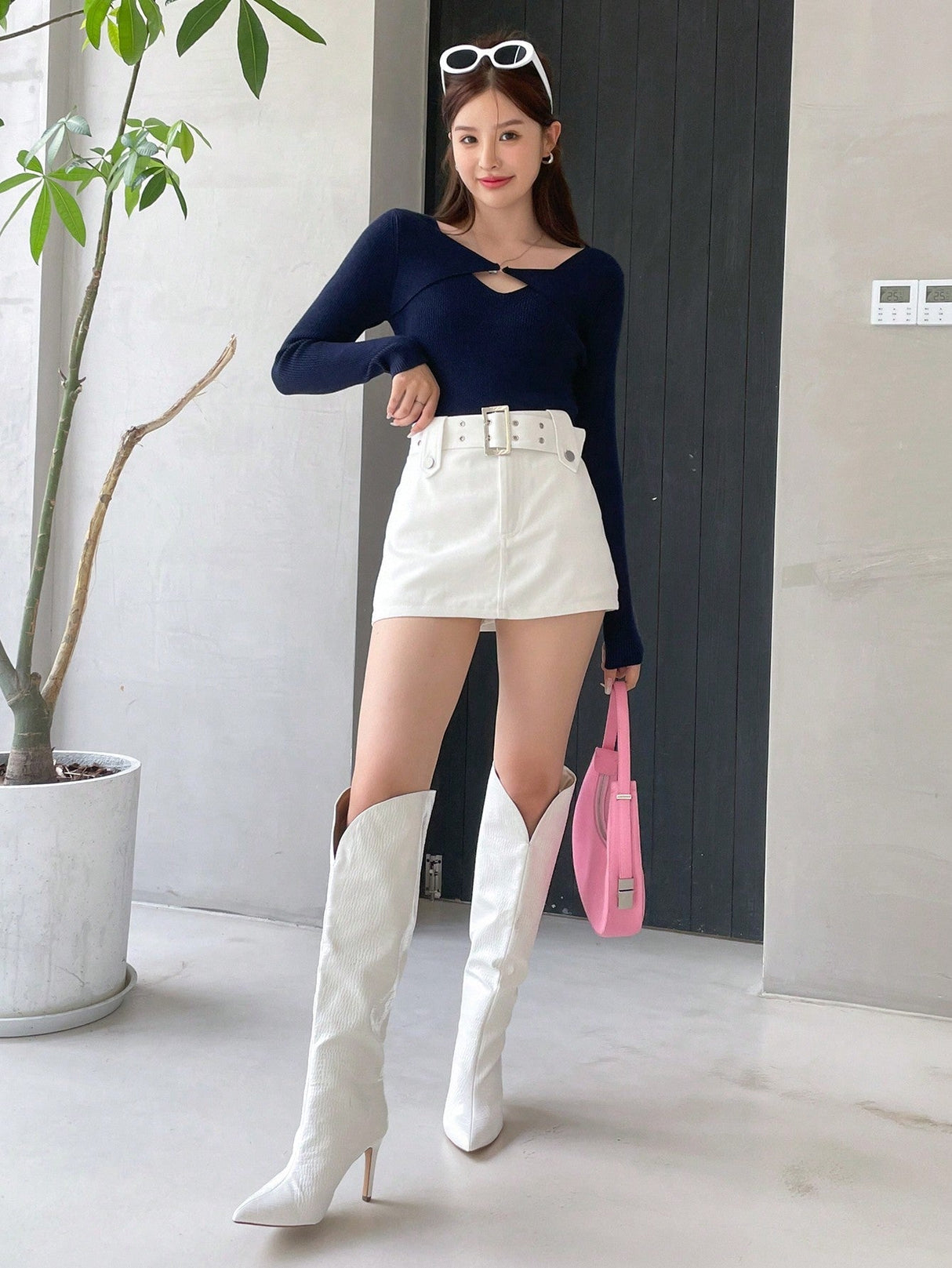 Buy SHEIN DAZY Solid Cut Front Ribbed Knit Sweater in Pakistan
