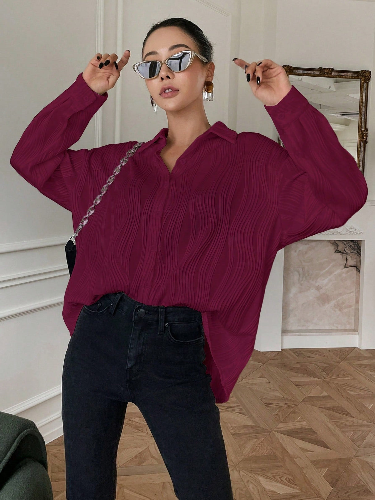 Buy SHEIN DAZY Solid Drop Shoulder Button Front Shirt in Pakistan