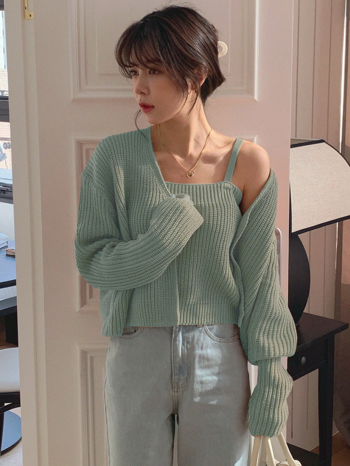 Buy SHEIN DAZY Solid Ribbed Cami Knit Top & Drop Shoulder Duster Cardigan in Pakistan