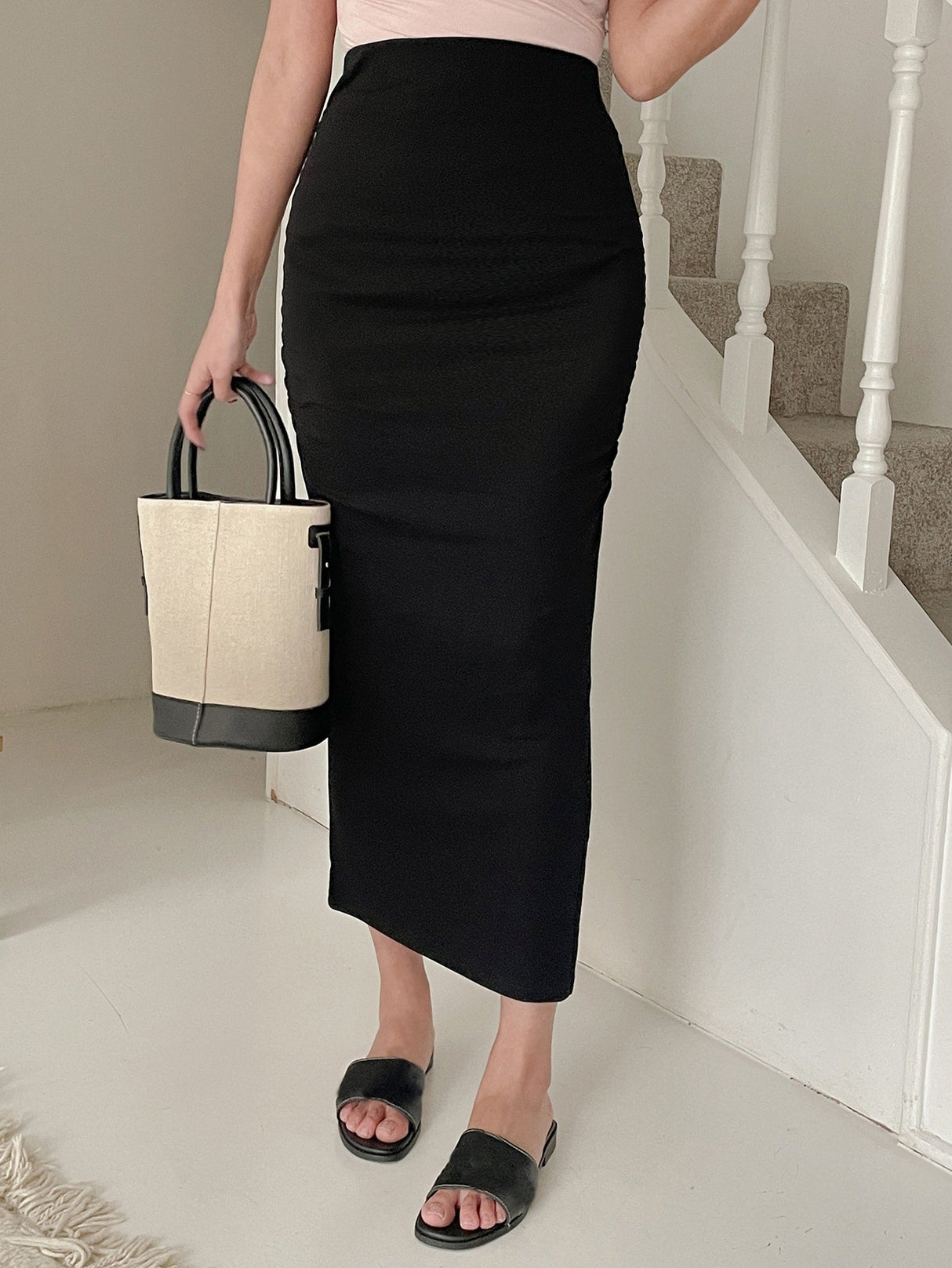 Buy SHEIN DAZY Solid Ruched Split Side Skirt in Pakistan