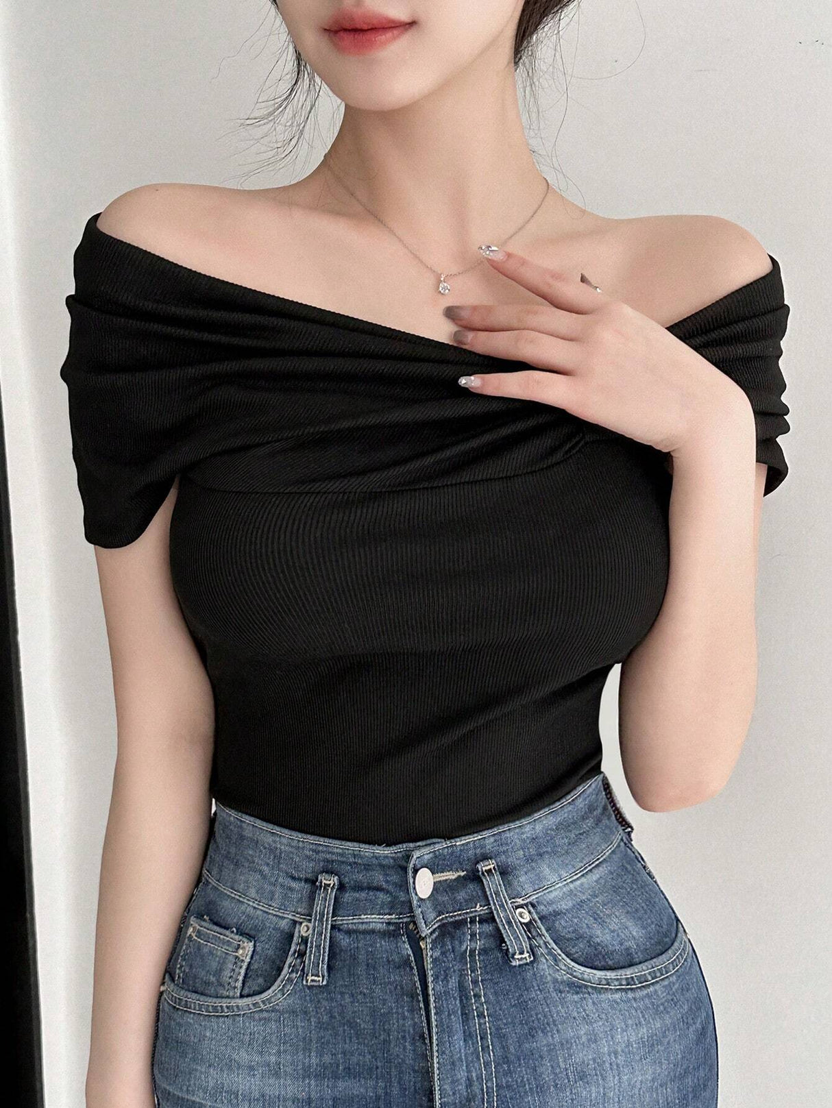 Buy SHEIN DAZY Women's Solid Color Asymmetric Collar & Pleated T-Shirt in Pakistan