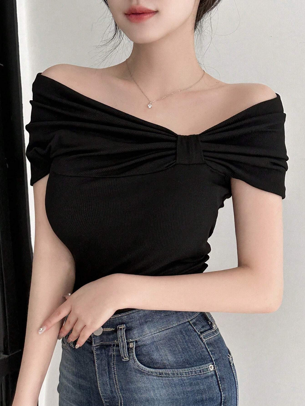 Buy SHEIN DAZY Women's Solid Color Asymmetric Collar & Pleated T-Shirt in Pakistan
