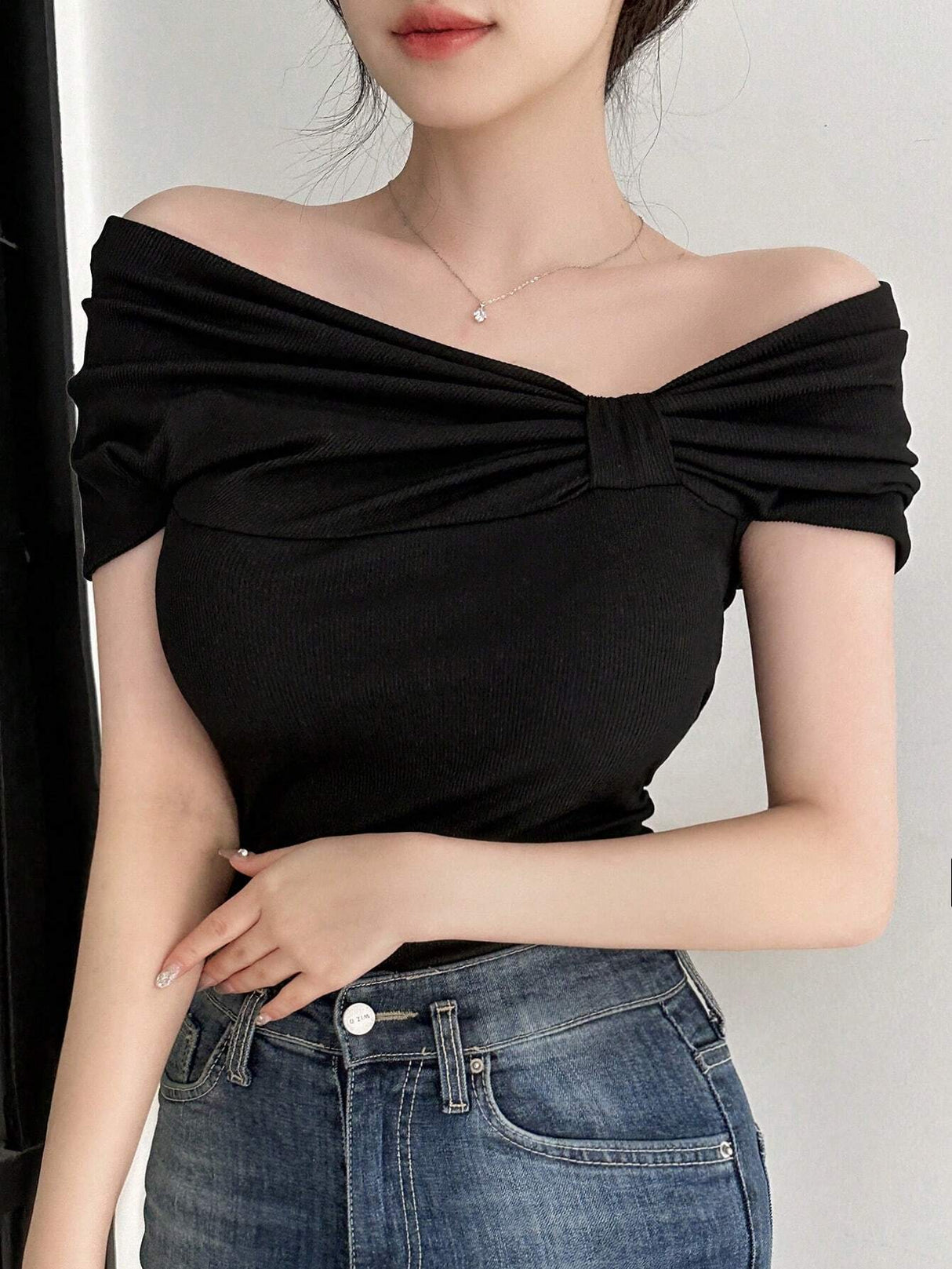 Buy SHEIN DAZY Women's Solid Color Asymmetric Collar & Pleated T-Shirt in Pakistan