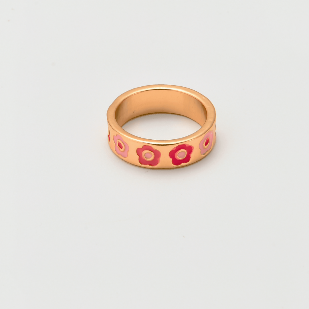 Floral Gold Ring Band | Women Jewerly | Rings | Red & Pink | Size: 7 to 8 | Brand New