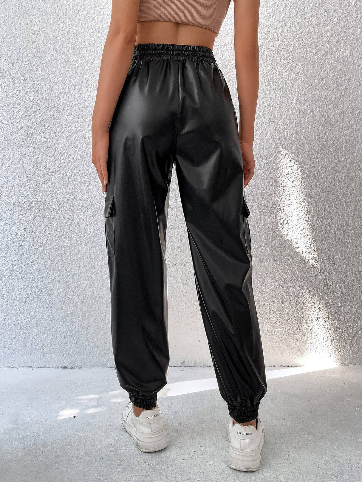 Buy SHEIN Drawstring Waist Flap Pocket Side PU Pants in Pakistan