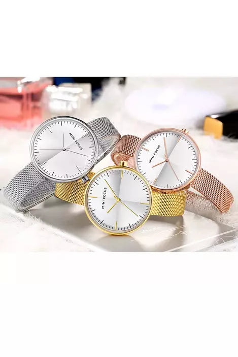 Buy Mini Focus Gold Stainless Steel Mesh Silver Dial Quartz Watch for Ladies- MF0275L-05 in Pakistan