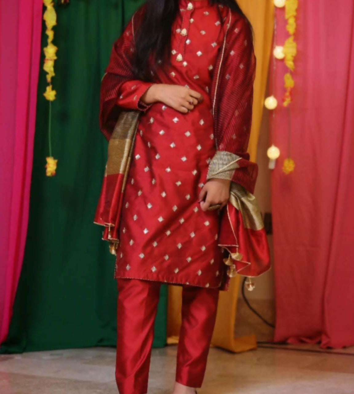 Maroon Raw Silk Sequence Embridery Suit | Women Locally Made Formals | Small | Worn Once