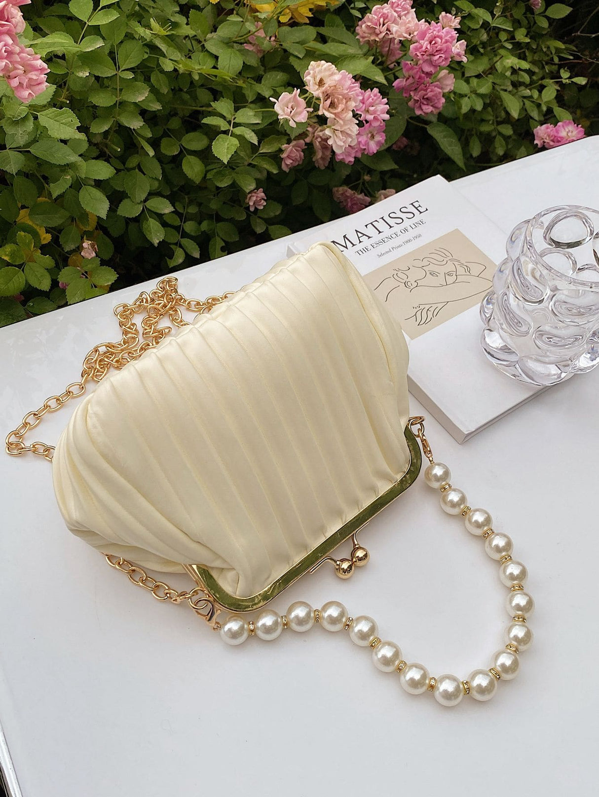 Buy SHEIN Lightweight Business Casual Argyle Princess Faux Pearl Decor Kiss Lock Satchel Bag in Pakistan