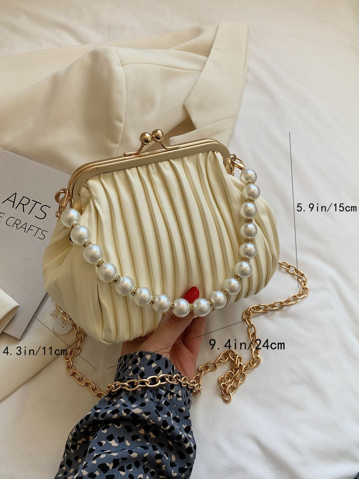 Buy SHEIN Lightweight Business Casual Argyle Princess Faux Pearl Decor Kiss Lock Satchel Bag in Pakistan